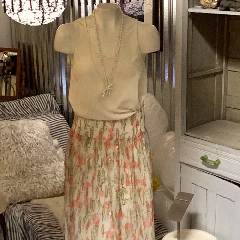 Cream & tangerine Pleated Midi A-Line Skirt with gold detail. Tulle over cream